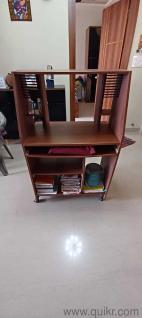 Wooden Computer Table with Storage Shelves & Wheels