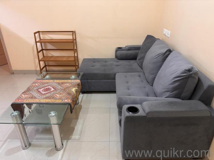 L shape sofa soft fanric good condition clean and new with coffee table and book shelf(3)