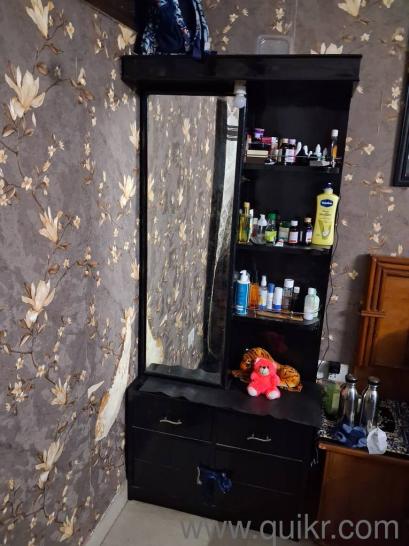 dressing table with storage behind the mirror. also has open storage with 4 cabinets at bottom(1)